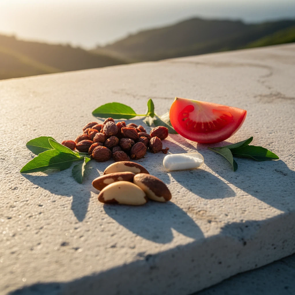 Flat lay of natural wellness ingredients: saw palmetto berries, zinc capsule, lycopene tomato, selenium Brazil nuts and green leaves