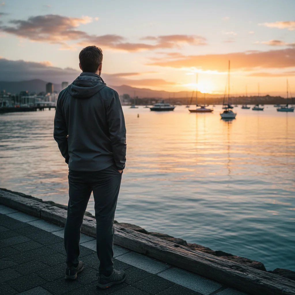 Anonymous man from behind looking out over New Zealand harbour at sunrise - active lifestyle